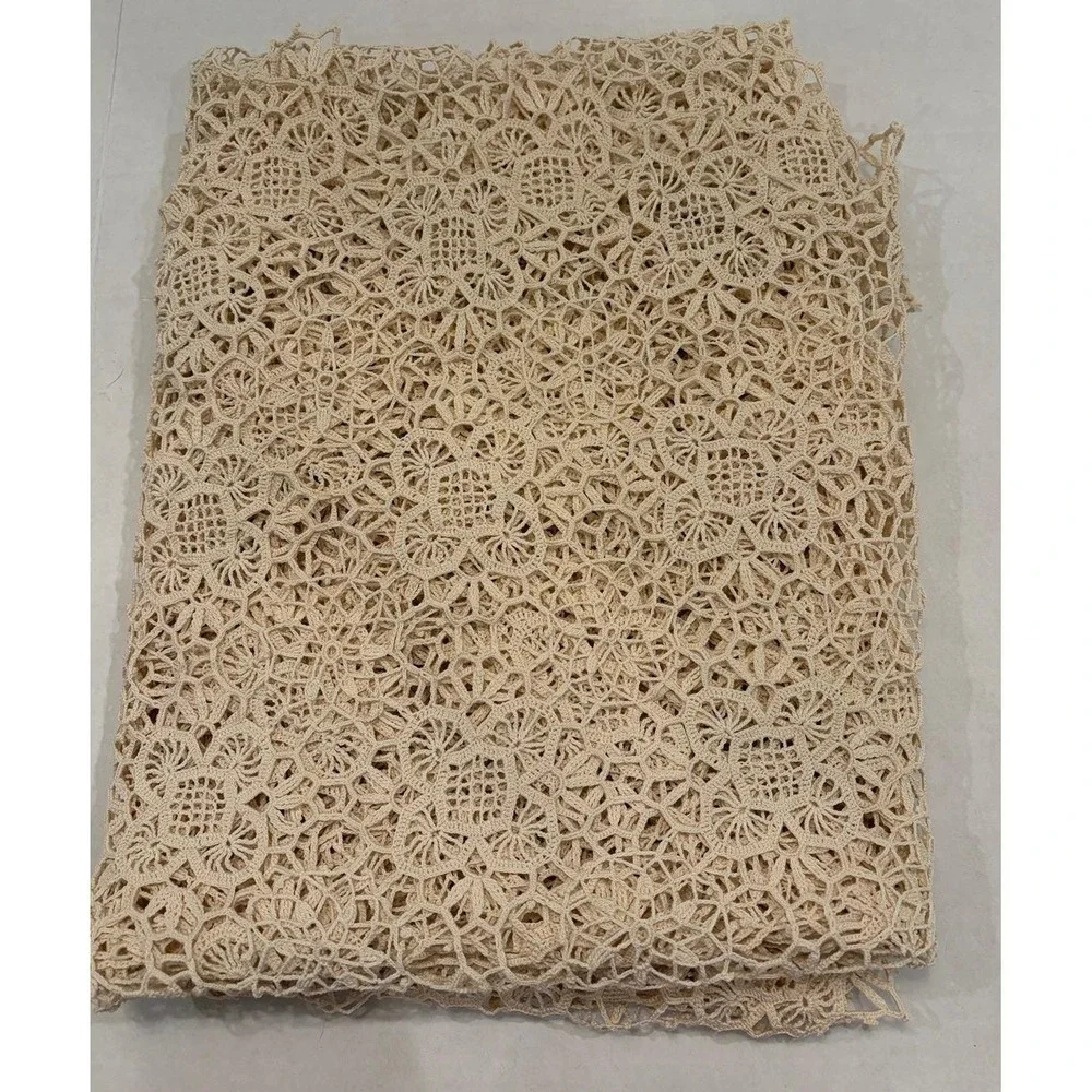 Vintage Hand Crocheted Cotton Tablecloth: Large Rectangular Cream Lace